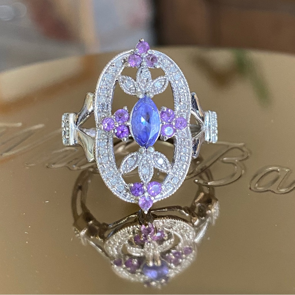 💐 10K  Diamond Tanzanite Amethyst Gold Open Work Oval Ring
